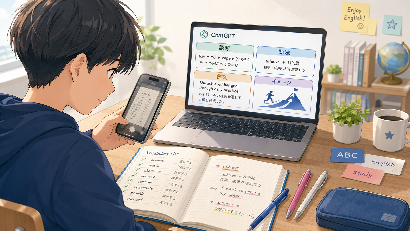単語帳の写真をChatGPTに読み取らせて語源・語法・例文を整理する学習イメージ