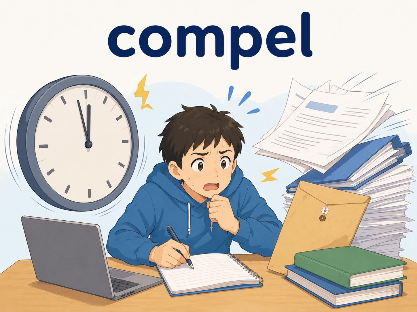 compelを時間や状況に迫られて行動するイメージで覚えるイラスト