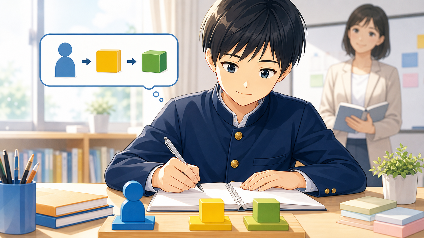 基礎文法を使える形で練習している生徒のアニメ調イラスト