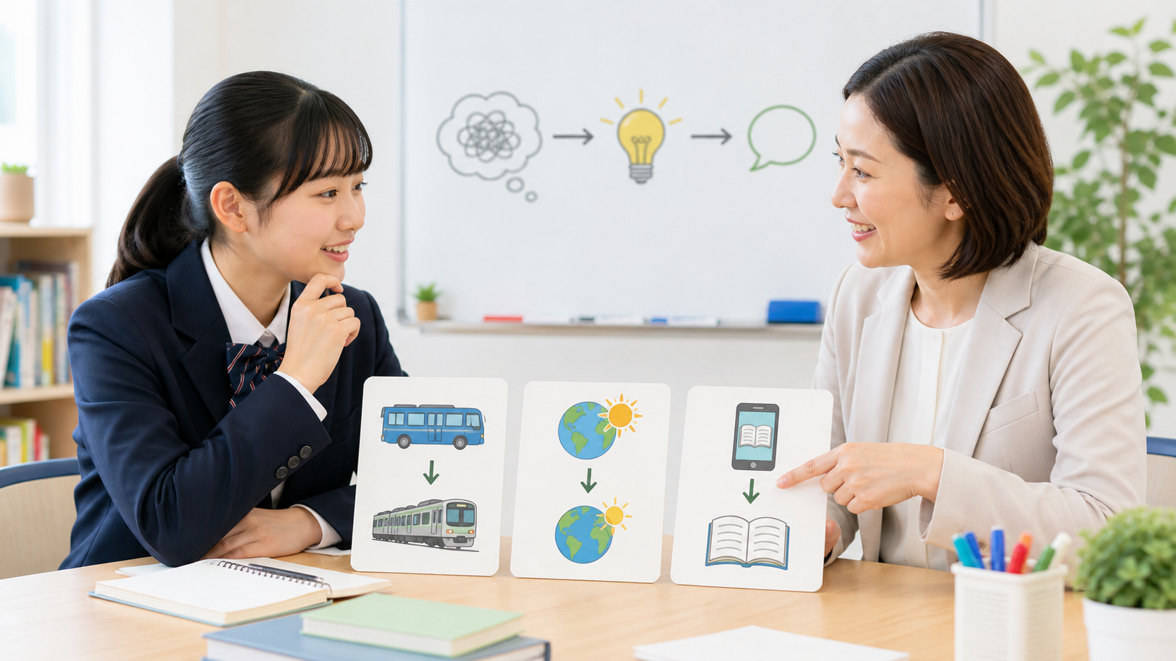 難しい日本語を簡単な英語に置き換える英検二次試験対策の差し絵