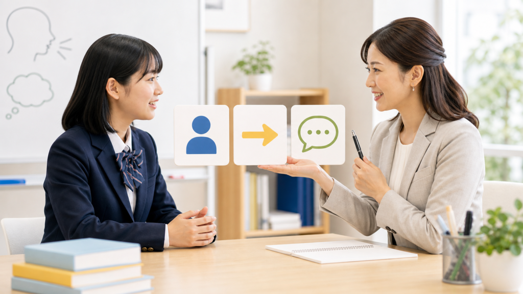 英語では主語から考えることを説明する英検二次試験対策の差し絵