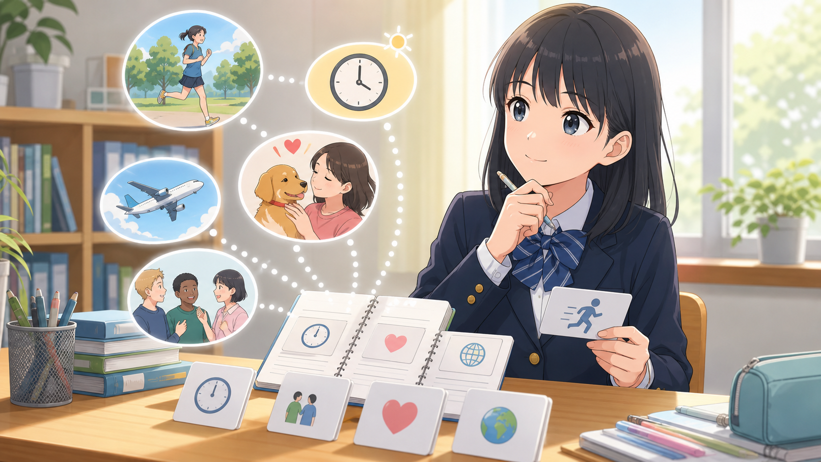 英単語を場面やイメージで理解している生徒のアニメ調イラスト