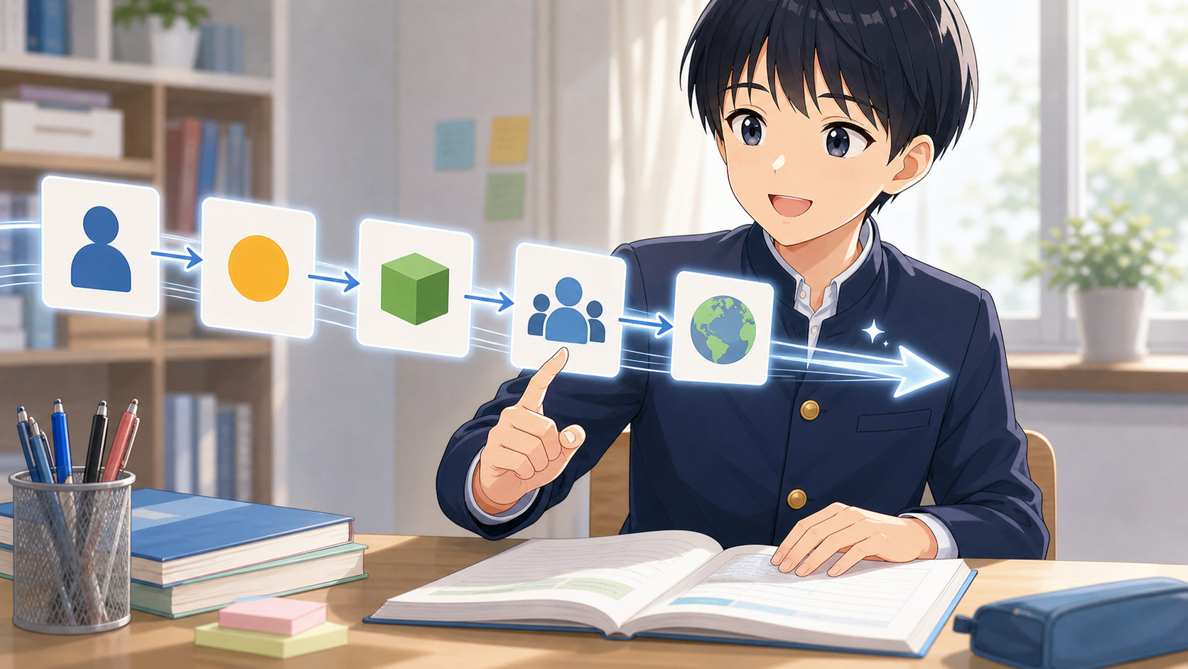 英語の語順のまま前から理解している生徒のアニメ調イラスト