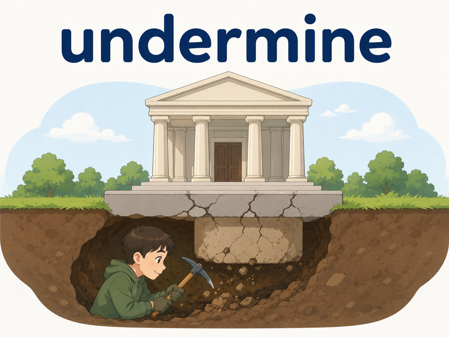 undermineを土台を下から崩すイメージで覚えるイラスト