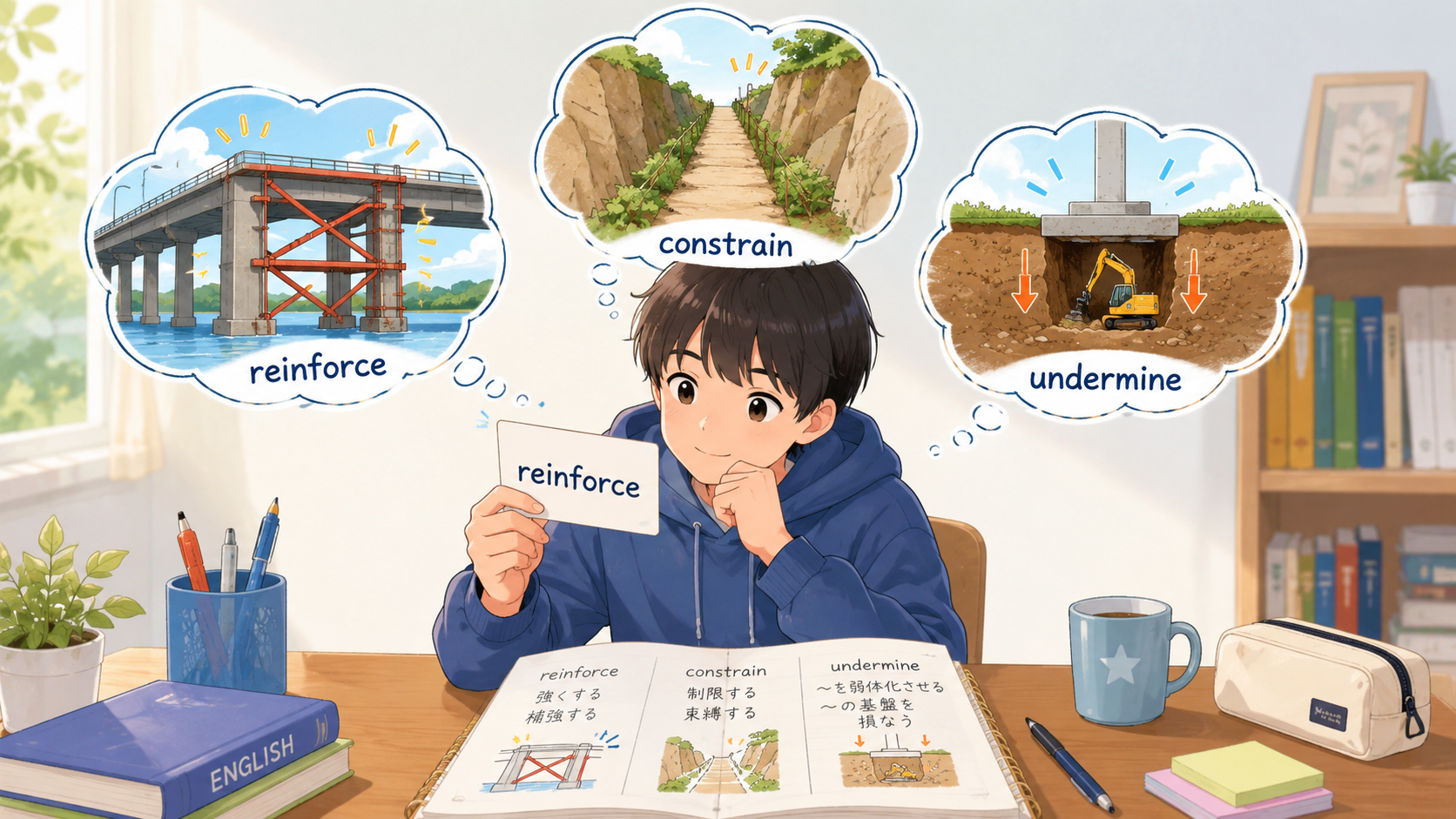 reinforce、constrain、undermineを場面のイメージで覚える学習イメージ